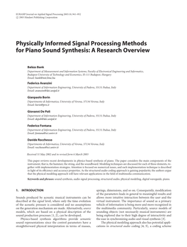 Physically Informed Signal Processing Methods for Piano Sound Synthesis: a Research Overview