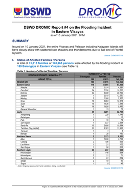 DSWD DROMIC Report #4 on the Flooding Incident in Eastern Visayas As of 15 January 2021, 6PM