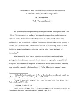 “William Taylor, 'Taylor' Missionaries and Shifting Concepts of Holiness in Nineteenth Century Calls to Missionary Service”