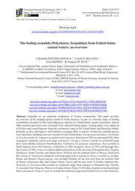 The Fouling Serpulids (Polychaeta: Serpulidae) from United States Coastal Waters: an Overview