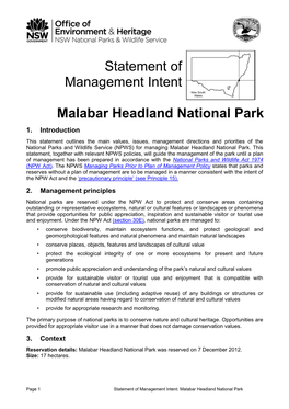 Statement of Management Intent: Malabar Headland National Park