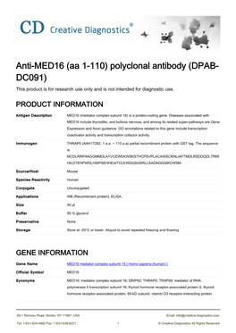 Anti-MED16 (Aa 1-110) Polyclonal Antibody (DPAB- DC091) This Product Is for Research Use Only and Is Not Intended for Diagnostic Use