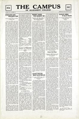 1876 the Campus 1912 of Allegheny College Meadville, Pa., January 27,1912 Volume Xxx.—Number 15