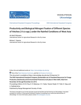 Productivity and Biological Nitrogen Fixation of Different Species of Vetches (Vicia Spp.) Under the Rainfed Conditions of West Asia