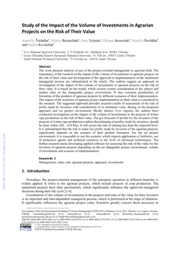 Study of the Impact of the Volume of Investments in Agrarian Projects on the Risk of Their Value