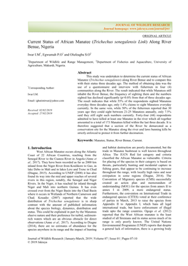 (Trichechus Senegalensis Link) Along River Benue, Nigeria of Evidence Documenting the Decline of the Species Due Inhabit the Benue River