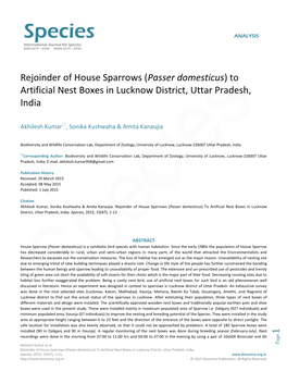 Passer Domesticus) to Artificial Nest Boxes in Lucknow District, Uttar Pradesh, India