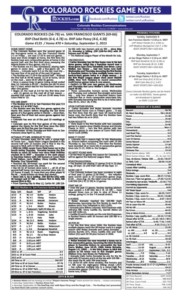 Colorado Rockies Game Notes