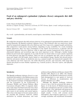 (Aphanius Iberus): Ontogenetic Diet Shift and Prey Electivity