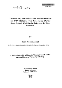 Studhs of 12 Mosses from Jebel Marra (Darfur State, Sudan), with Special Reference to Their Localities