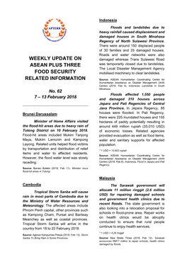 Weekly Update on ASEAN Plus Three Food Security Related Information Is Based on All Available Sources During the Period
