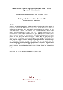 Amaro (Brazilian Returnees) and Cultural Diffusion in Lagos: a Study of Lagos-Pacific Cultural Relations