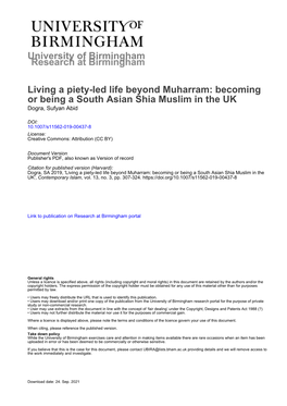 Living a Piety-Led Life Beyond Muharram: Becoming Or Being a South Asian Shia Muslim in the UK Dogra, Sufyan Abid
