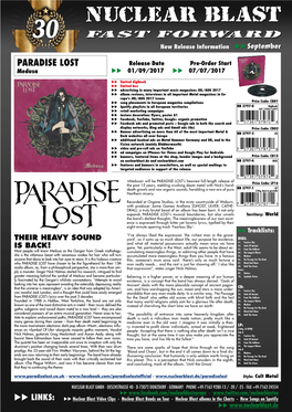 PARADISE LOST Release Date Pre-Order Start Medusa Uu 01/09/2017 Uu 07/07/2017