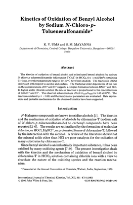 Kinetics of Oxidation of Benzyl Alcohol by Sodium N-Chloro-P- Toluenesulfonamide*