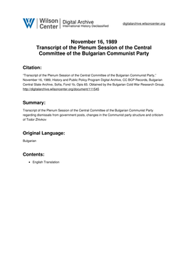 November 16, 1989 Transcript of the Plenum Session of the Central Committee of the Bulgarian Communist Party