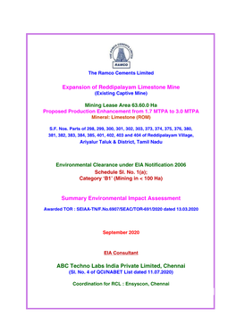 Expansion of Reddipalayam Limestone Mine Summary Environmental Impact Assessment ABC Techno Labs India Private Limited, Chennai
