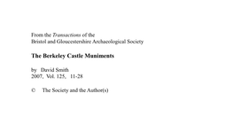 The Berkeley Castle Muniments by David Smith 2007, Vol