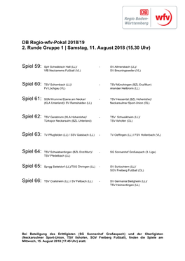 DB Regio-Wfv-Pokal 2018/19 2. Runde Gruppe 1 | Samstag, 11