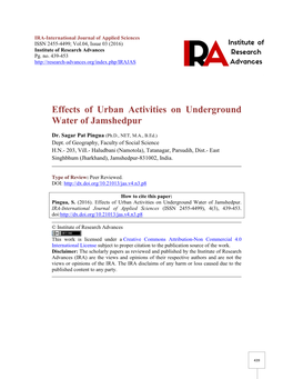 Effects of Urban Activities on Underground Water of Jamshedpur