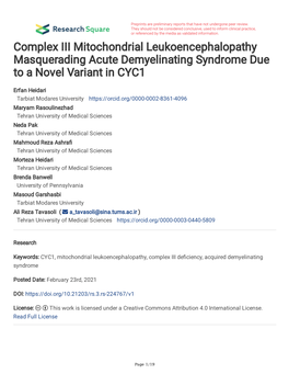 Complex III Mitochondrial Leukoencephalopathy Masquerading Acute Demyelinating Syndrome Due to a Novel Variant in CYC1