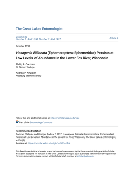 Hexagenia Bilineata (Ephemeroptera: Ephemeridae) Persists at Low Levels of Abundance in the Lower Fox River, Wisconsin