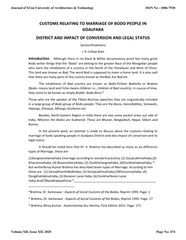 Customs Relating to Marriage of Bodo People in Goalpara District and Impact of Conversion and Legal Status