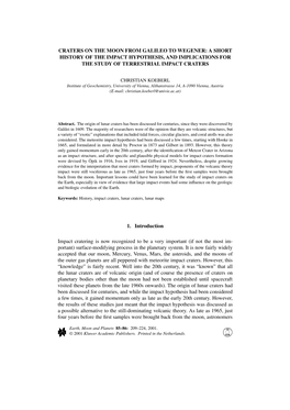 Craters on the Moon from Galileo to Wegener: a Short History of the Impact Hypothesis, and Implications for the Study of Terrestrial Impact Craters