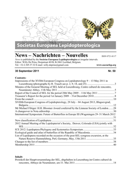 News – Nachrichten – Nouvelles ISSN 0721-8117 News Is Published by the Societas Europaea Lepidopterologica at Irregular Intervals