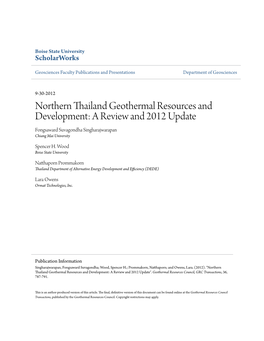 Northern Thailand Geothermal Resources and Development: a Review and 2012 Update Fongsaward Suvagondha Singharajwarapan Chiang Mai University