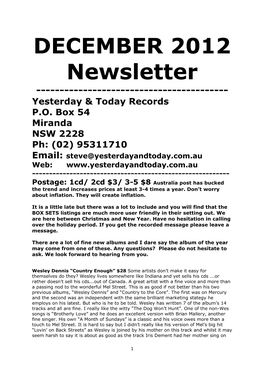 DECEMBER 2012 Newsletter ------Yesterday & Today Records P.O