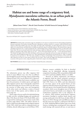 Habitat Use and Home Range of a Migratory Bird, Myiodynastes Maculatus Solitarius, in an Urban Park in the Atlantic Forest, Brazil