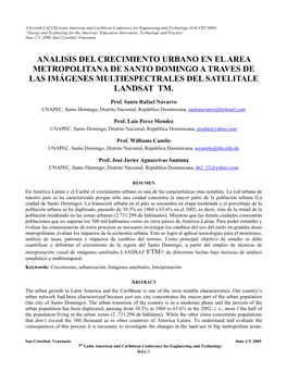 Analisis Del Crecimiento Urbano En El Area Metropolitana De Santo Domingo a Traves De Las Imágenes Multiespectrales Del Satelitale Landsat Tm