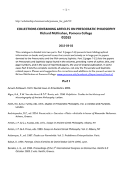 COLLECTIONS CONTAINING ARTICLES on PRESOCRATIC PHILOSOPHY Richard Mckirahan, Pomona College ©2015