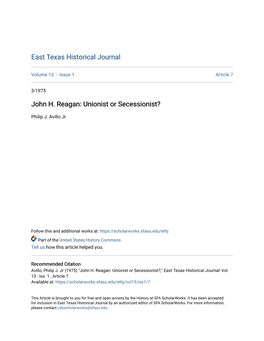 John H. Reagan: Unionist Or Secessionist?