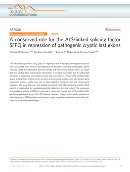 A Conserved Role for the ALS-Linked Splicing Factor SFPQ in Repression of Pathogenic Cryptic Last Exons ✉ ✉ Patricia M
