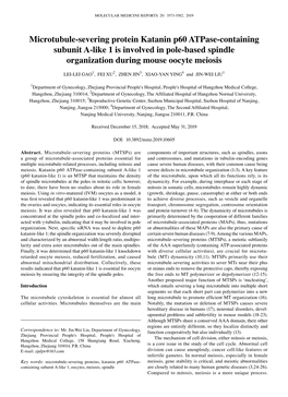 Microtubule‑Severing Protein Katanin P60 Atpase‑Containing Subunit A‑Like 1 Is Involved in Pole‑Based Spindle Organization During Mouse Oocyte Meiosis