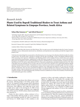 Plants Used by Bapedi Traditional Healers to Treat Asthma and Related Symptoms in Limpopo Province, South Africa