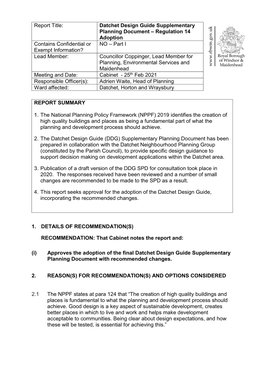 Report Title: Datchet Design Guide Supplementary Planning Document – Regulation 14 Adoption Contains Confidential Or Exempt In