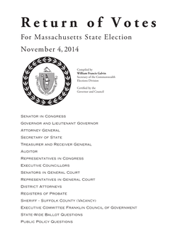 Return of Votes for Massachusetts State Election November 4, 2014
