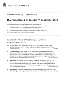 Questions Tabled on Tue 11 Sep 2018