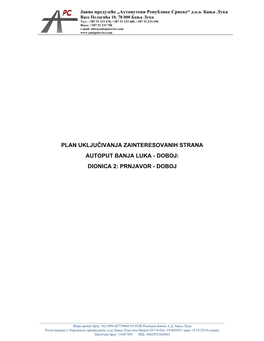 Plan Uključivanja Zainteresovanih Strana Autoput Banja Luka - Doboj: Dionica 2: Prnjavor - Doboj