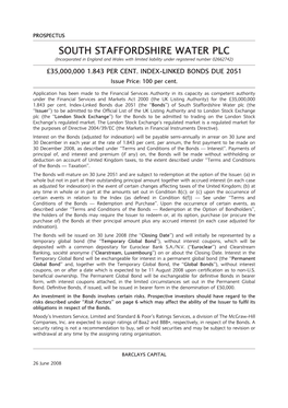 SOUTH STAFFORDSHIRE WATER PLC (Incorporated in England and Wales with Limited Liability Under Registered Number 02662742) £35,000,000 1.843 PER CENT