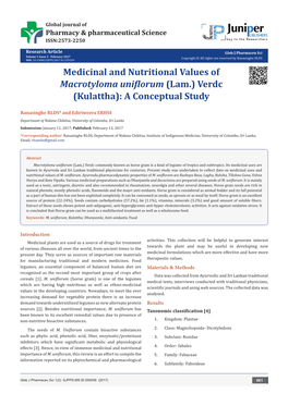 Medicinal and Nutritional Values of Macrotyloma Uniflorum (Lam.) Verdc (Kulattha): a Conceptual Study