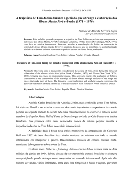 A Trajetória De Tom Jobim Durante O Período Que Abrange a Elaboração Dos Álbuns Matita Perê E Urubu (1971 – 1976)