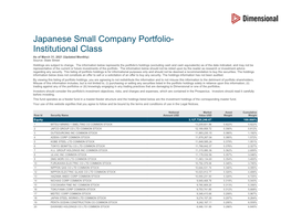 Japanese Small Company Portfolio- Institutional Class As of March 31, 2021 (Updated Monthly) Source: State Street Holdings Are Subject to Change