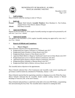 MUNICIPALITY of SKAGWAY, ALASKA REGULAR ASSEMBLY MEETING December 4, 2014 Page 1 of 9