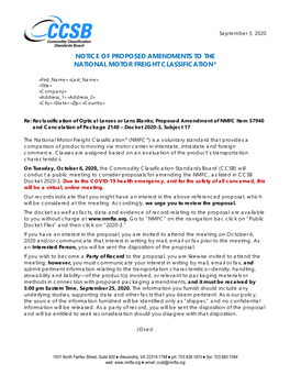 Notice of Proposed Amendments to the National Motor Freight Classification®