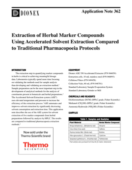 ASE 350 Accelerated Extractor (P/N 066050) in Herbs Is Critical to Achieving Meaningful Dosage Extraction Cells, 10 Ml Stainless Steel (P/N 068093) Data