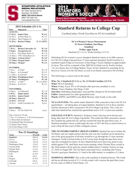2012 STANFORD WOMEN's SOCCER Stanford Returns To
